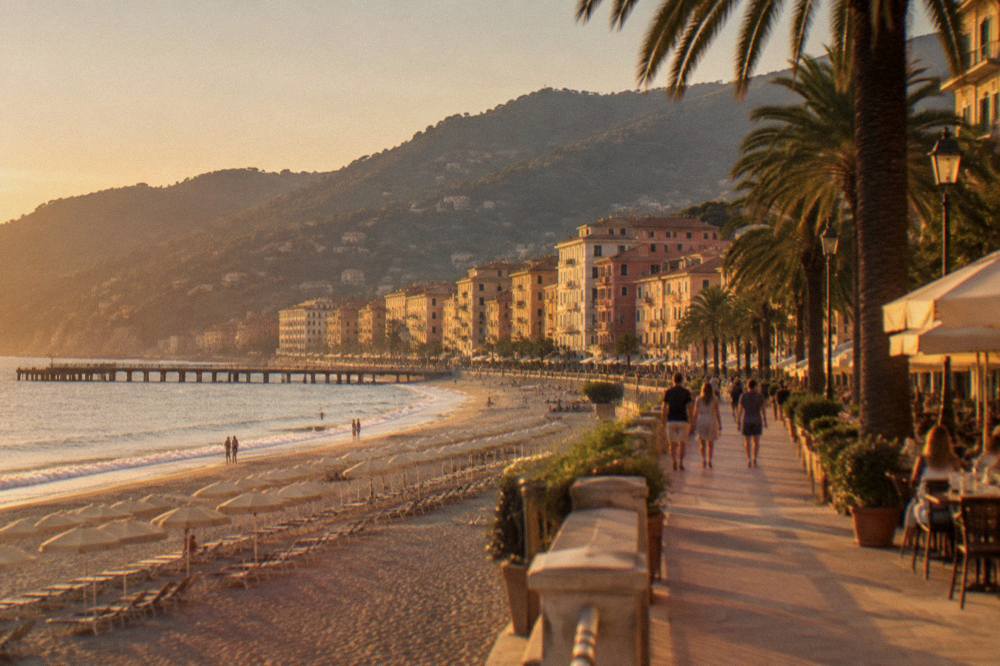 A seaside promenade at golden hour with palm trees and people strolling by café tables