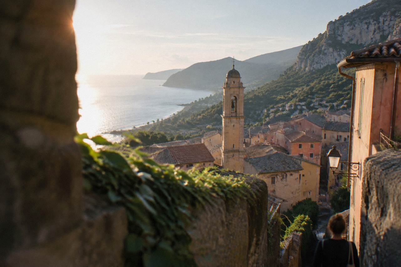 A view over the Ligurian coast near Finale Ligure with hills meeting the sea