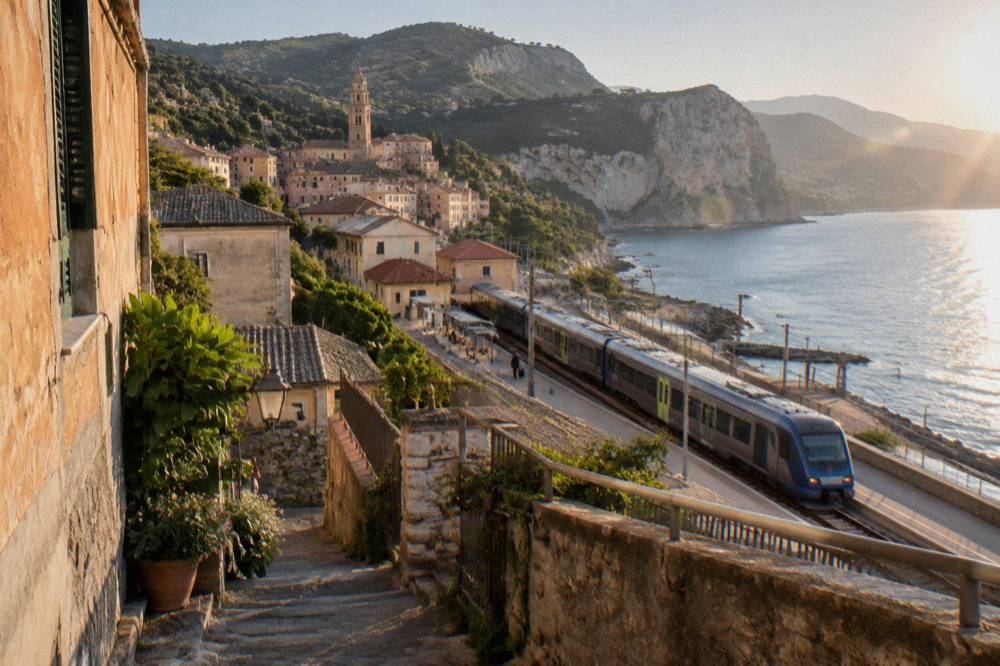 A regional train stopping at a Ligurian coastal railway station beside the sea