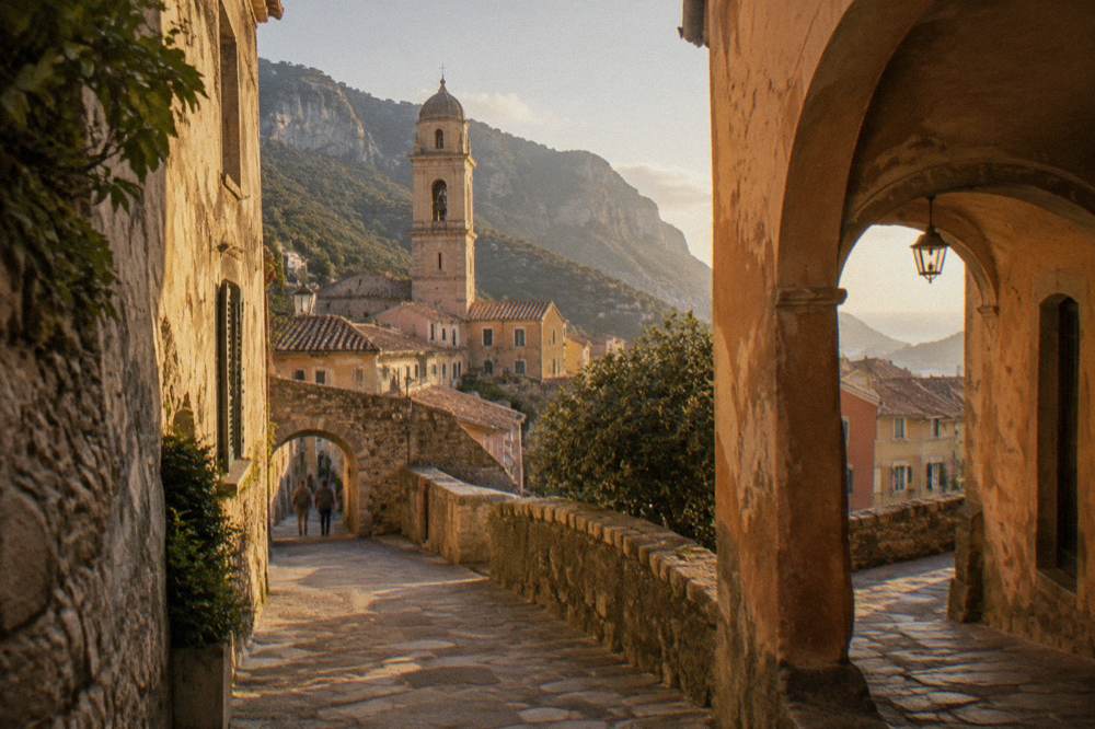A narrow stone street inside a walled old town with arched passageways