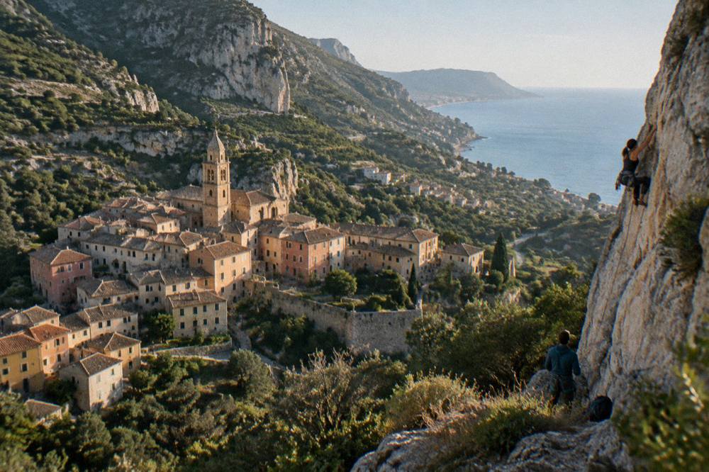 Climbers on a limestone cliff above Mediterranean vegetation near the sea