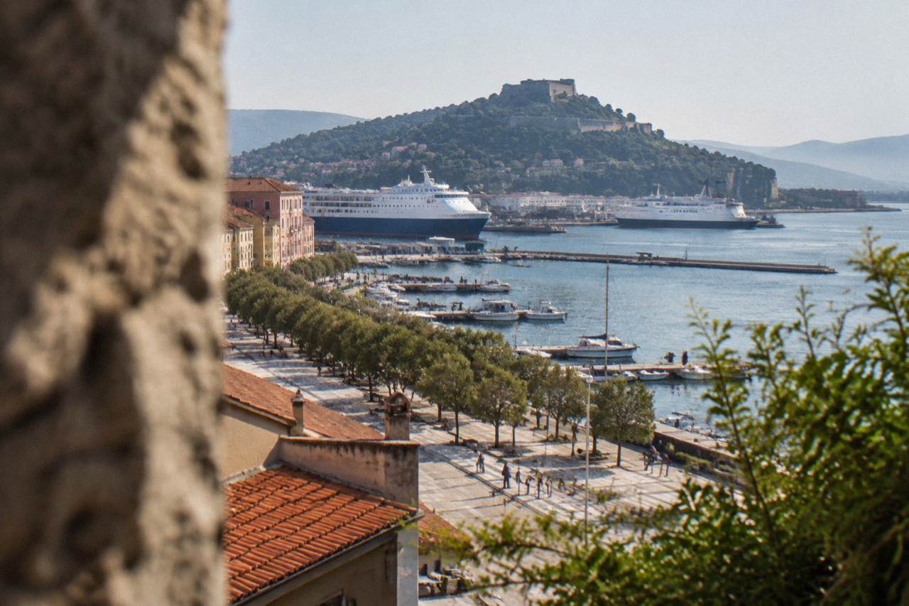A view over La Spezia's seafront promenade and harbour from a hillside above the city