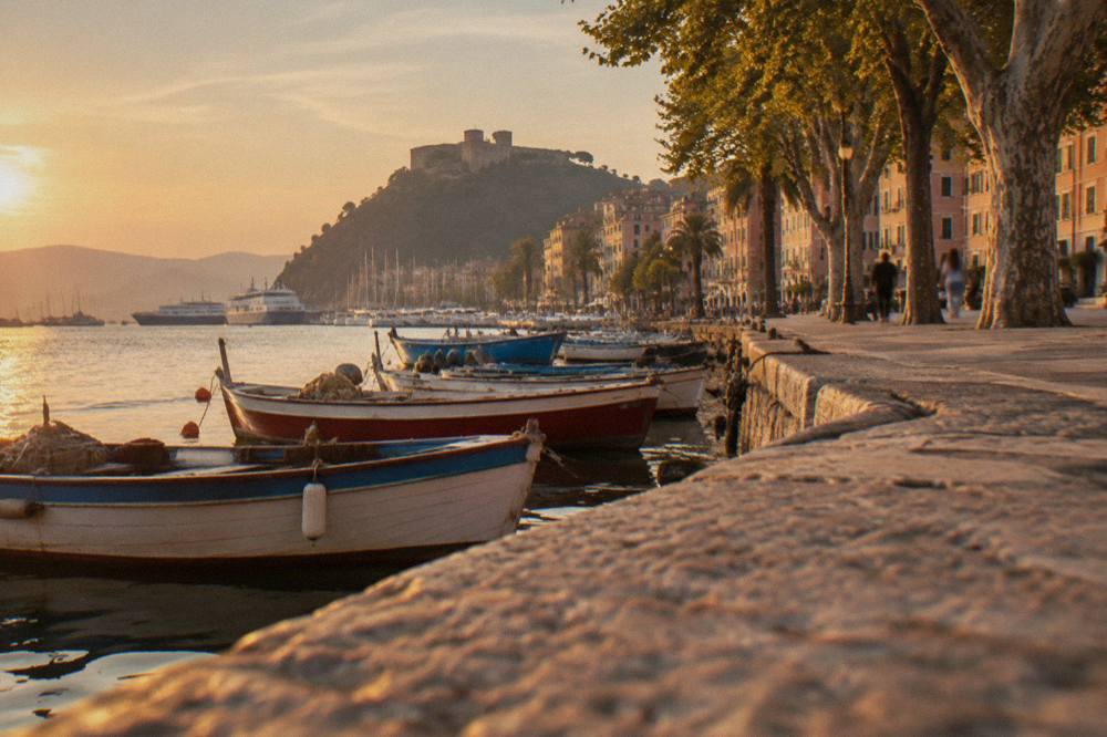 Colourful fishing boats moored in a small harbour on the Ligurian coast