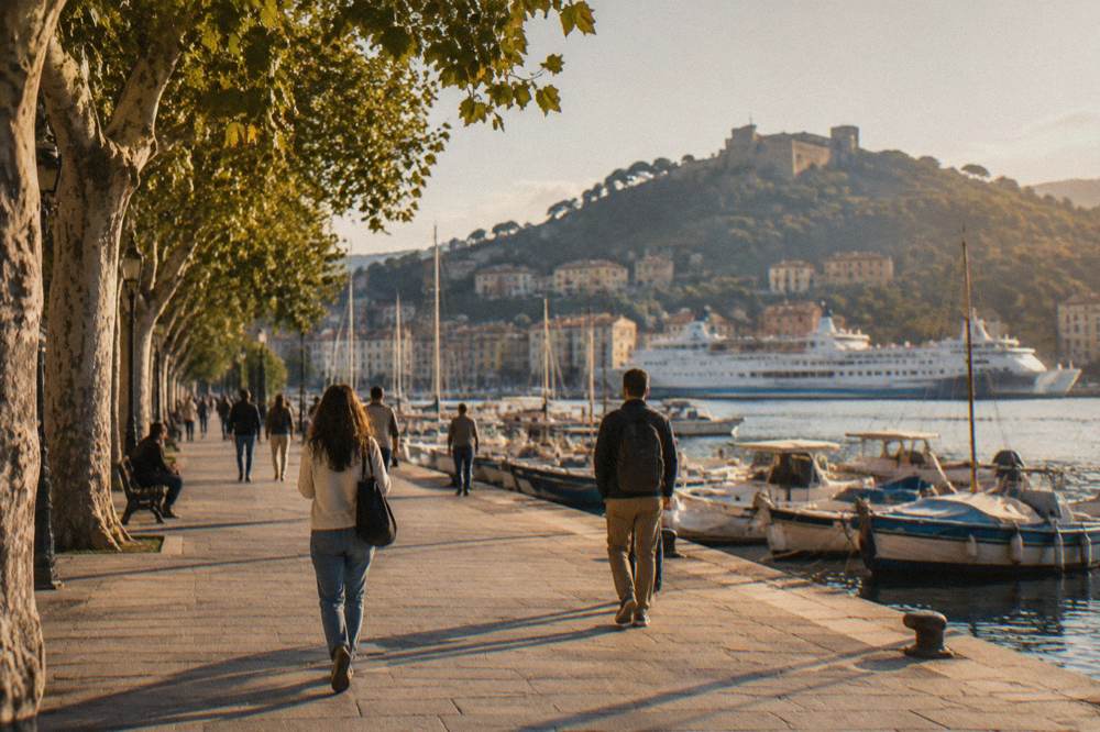 People strolling along a wide seafront promenade beside palm trees and moored boats