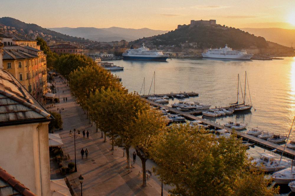 The Genoa waterfront at dusk with the harbour, a panoramic lift and hillside buildings