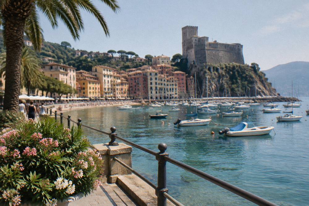 A seaside promenade with palm trees and boats moored in clear water