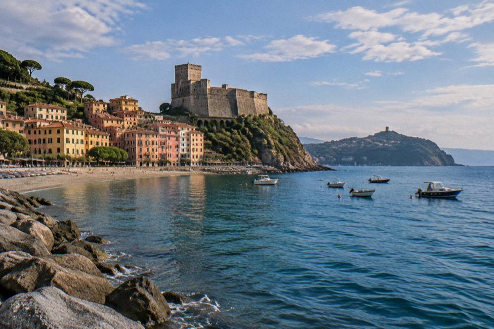 A wide view across a blue gulf toward a headland with a tower on it