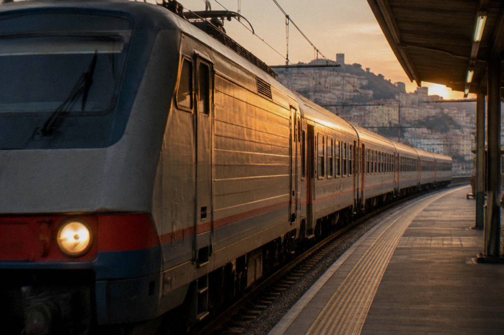 An evening train pulling out of a Genoa station platform