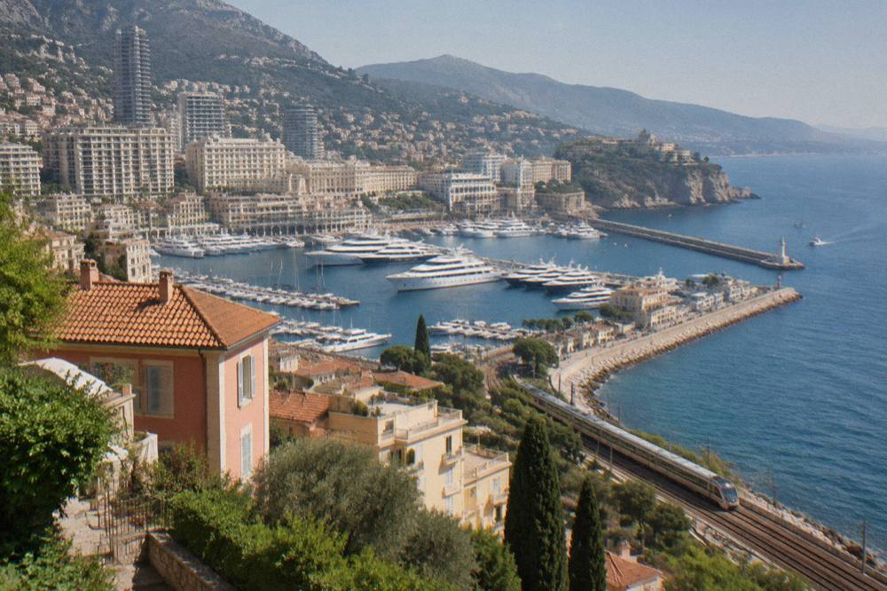 A regional train running along a coastline with the sea on one side