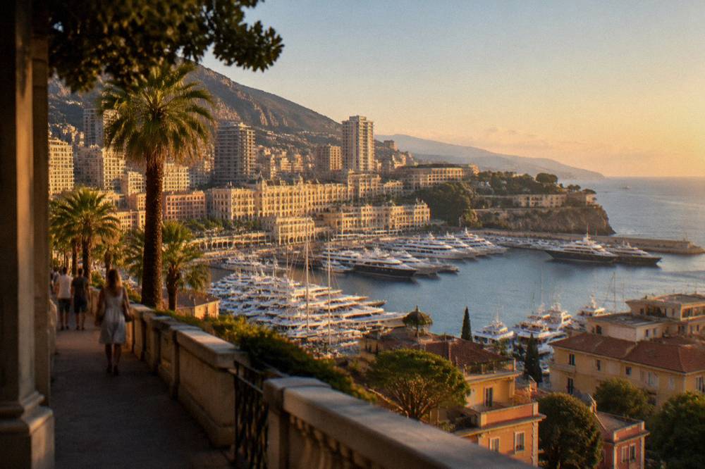 A seaside promenade with palm trees and buildings in warm evening light