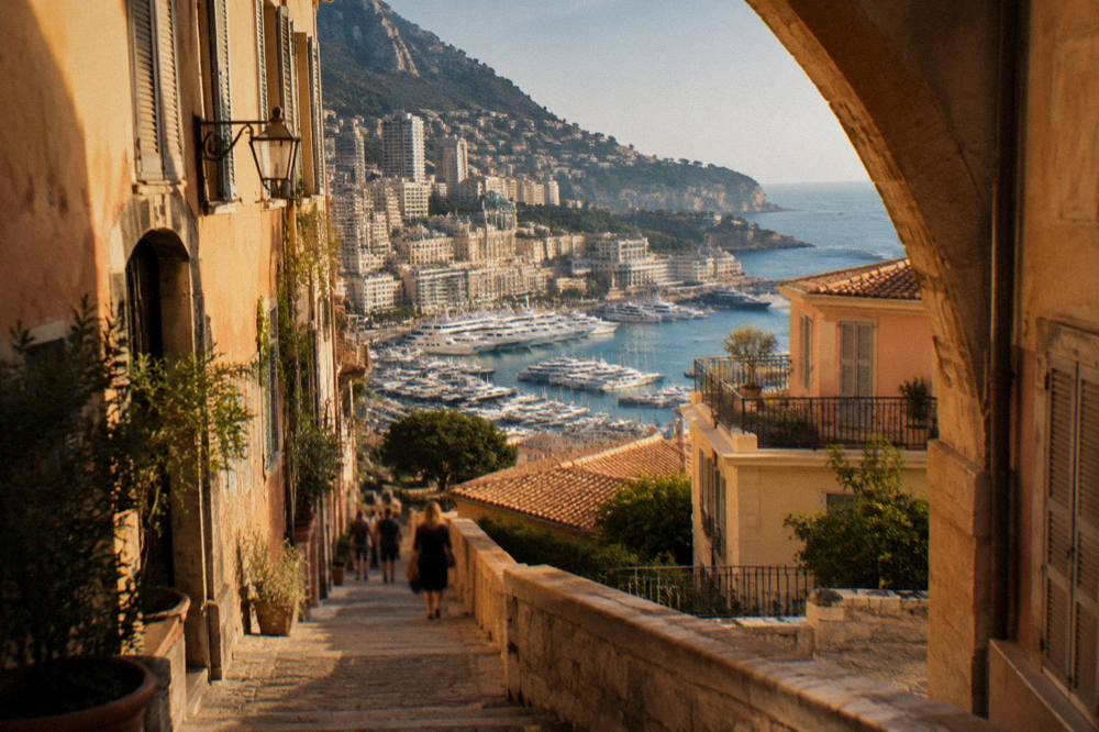 Old city street with narrow stone buildings and arches overhead