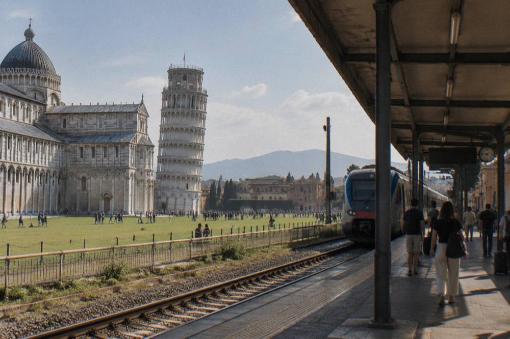 A regional train waiting at a platform in an Italian railway station