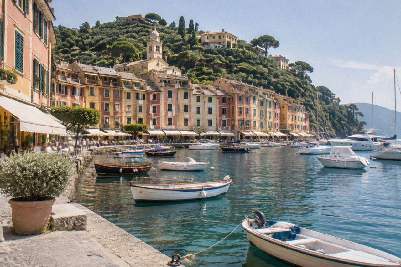 Colourful houses above a small harbour with fishing boats in Portofino