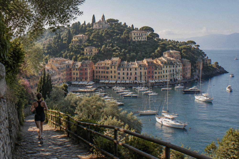 View from a hillside path over the Portofino peninsula and the sea