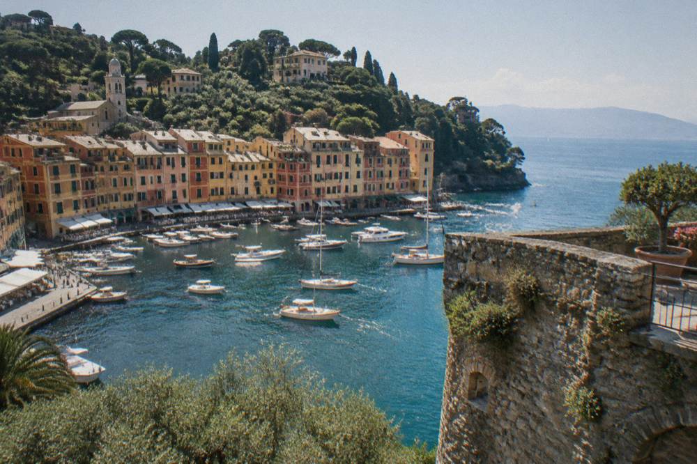 Small stone castle terrace overlooking the Portofino inlet