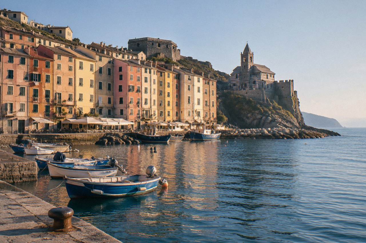 Colourful tall houses rising above a small harbour with fishing boats and a rocky headland