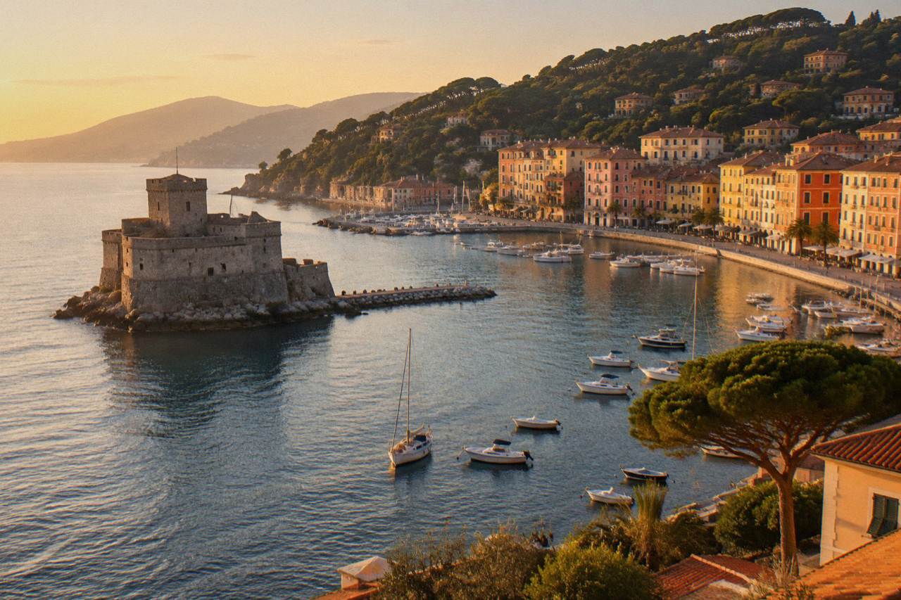 The seafront castle of Rapallo standing in the water beside the harbour
