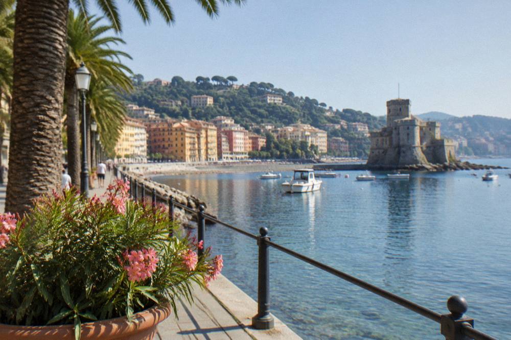 The Rapallo seafront promenade under a clear sky with palm trees