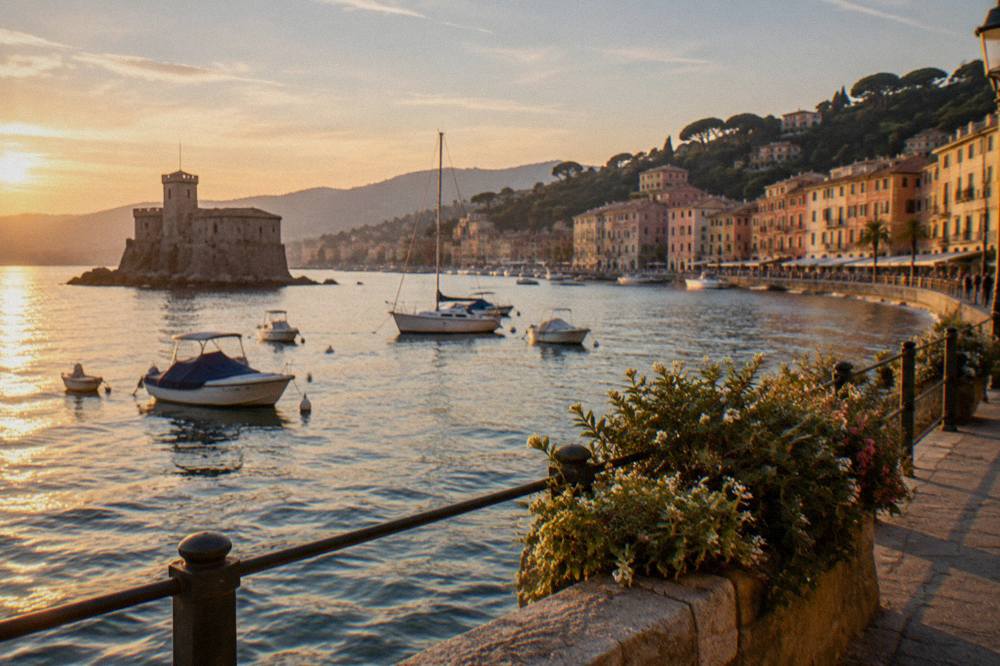 Evening light over the Tigullio Gulf from the Rapallo waterfront
