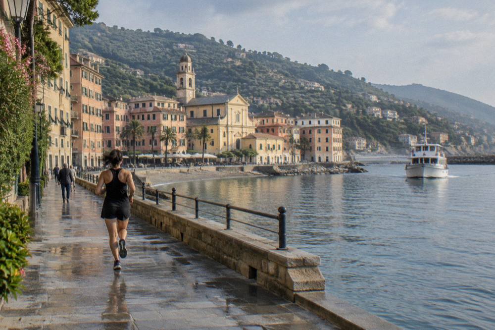 A passenger boat approaching a small Ligurian harbour town on a calm sea