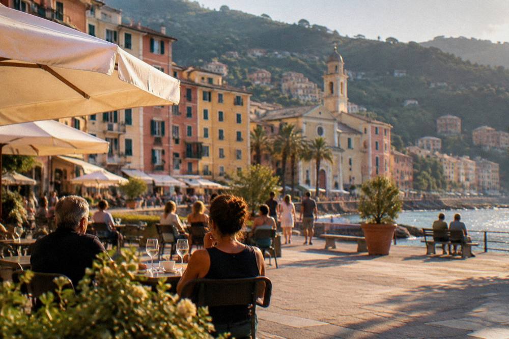 A sunny seafront square in a Ligurian town with people sitting outside in warm weather