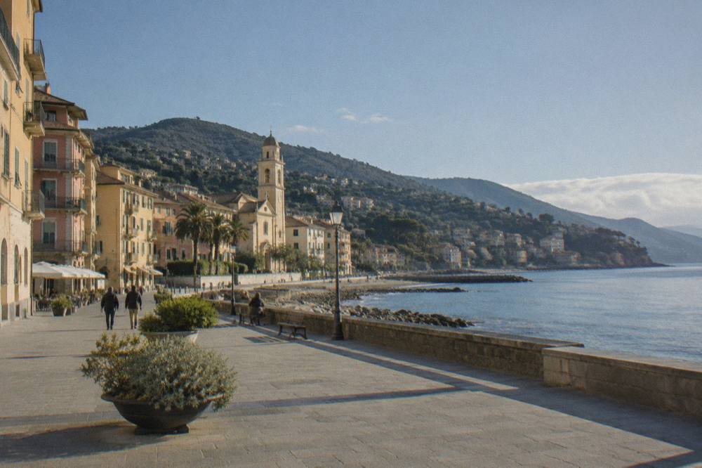A view along the wooded Ligurian coastline with villages tucked between hills and sea