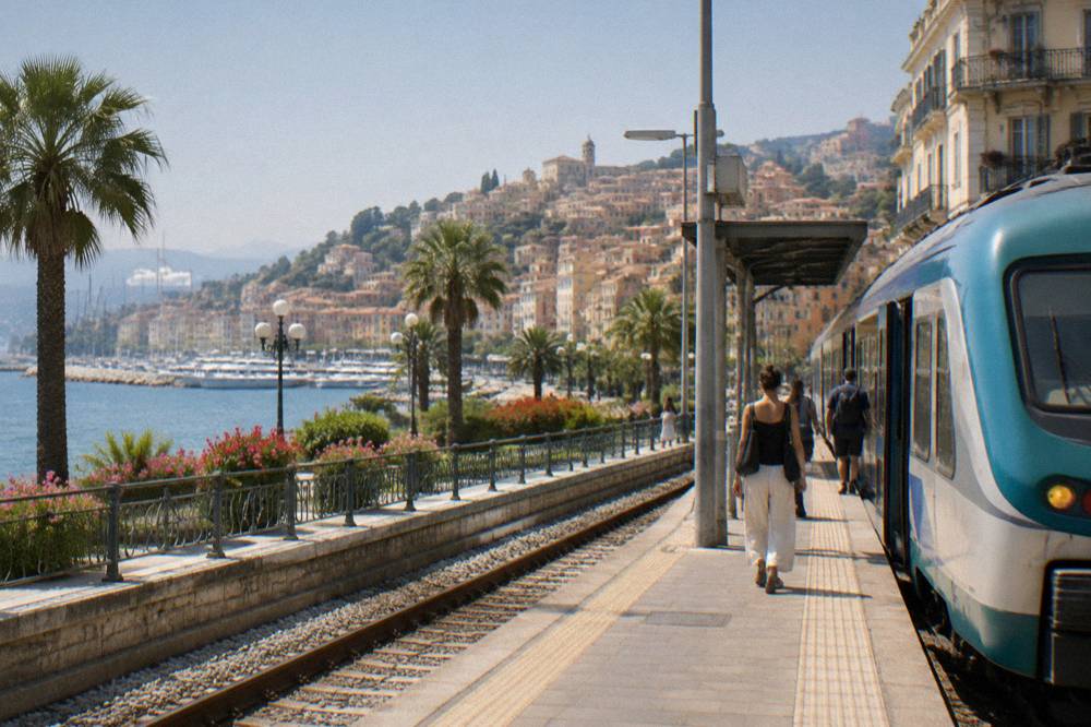 A regional train waiting at an Italian seaside station platform
