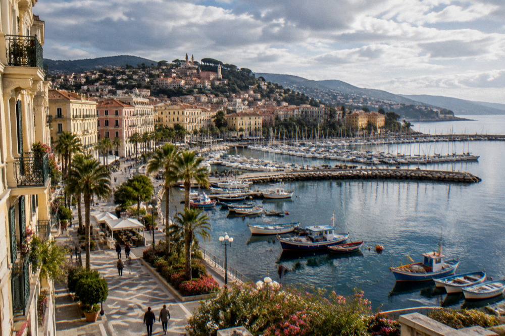 Colourful fishing boats moored in a small Ligurian harbour