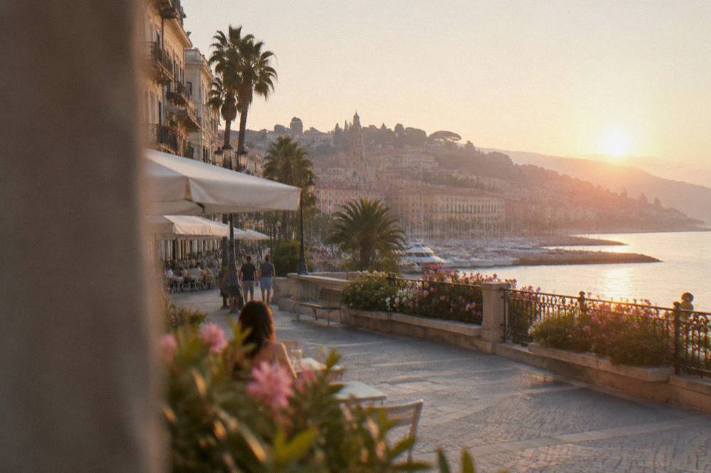 Sunset light over a Mediterranean seafront promenade with cafes