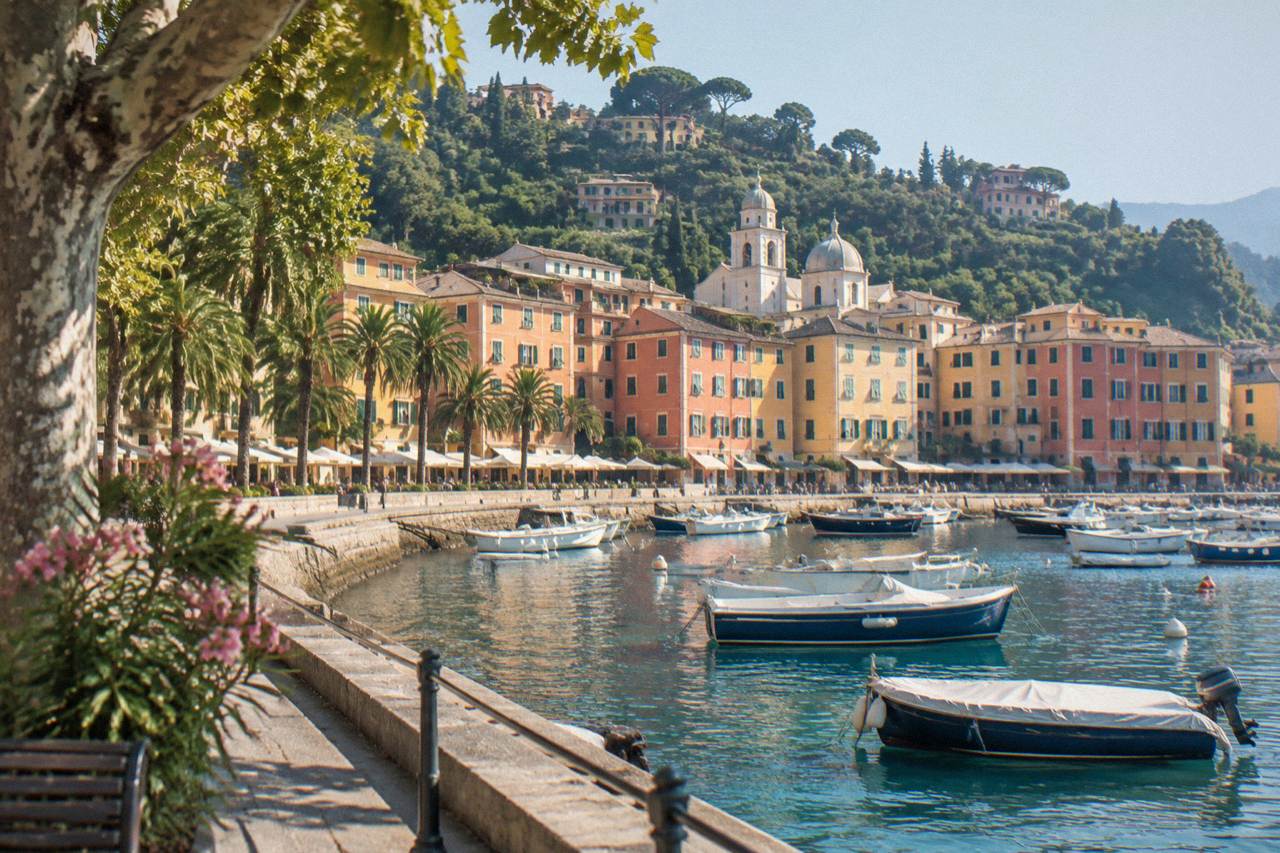 Colourful seaside buildings along the curved harbour of Santa Margherita Ligure with palm trees and moored boats