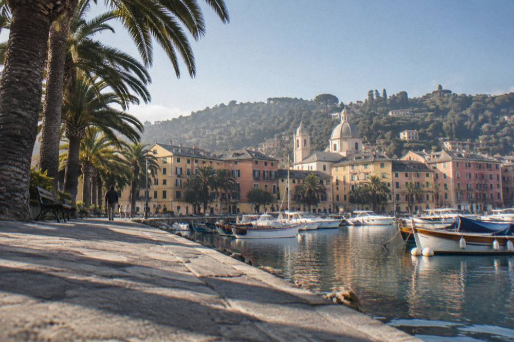 Palm trees and pastel facades along the seafront promenade of Santa Margherita Ligure