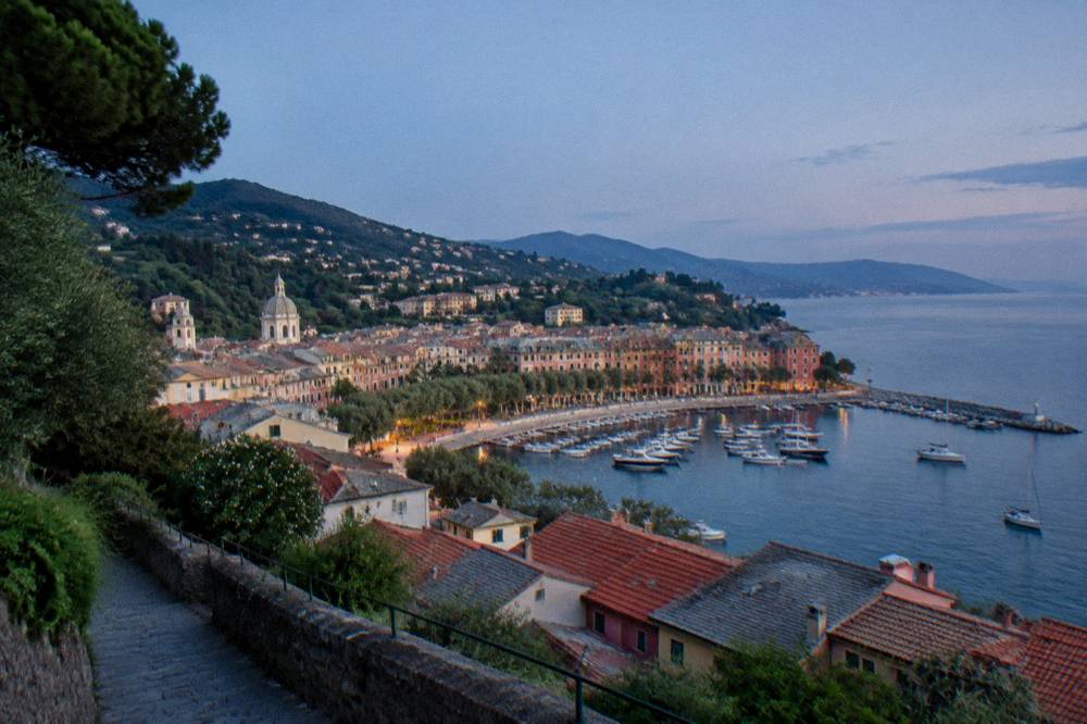 View from a hillside path over the tiled roofs of Santa Margherita Ligure and the Tigullio gulf