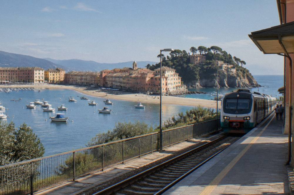 A regional train stopping at a small Ligurian coastal railway station beside the sea