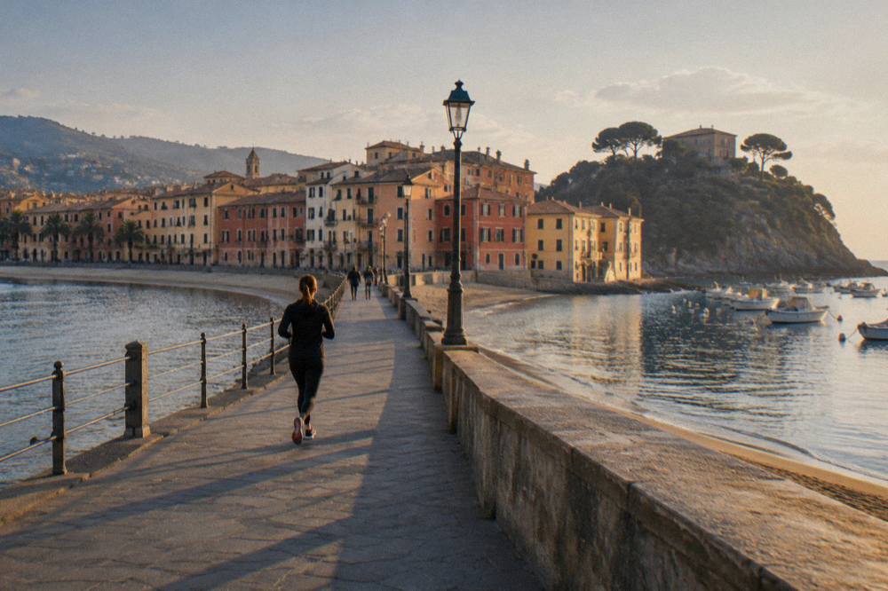Golden evening light over the promenade and seafront buildings of a Ligurian bay town