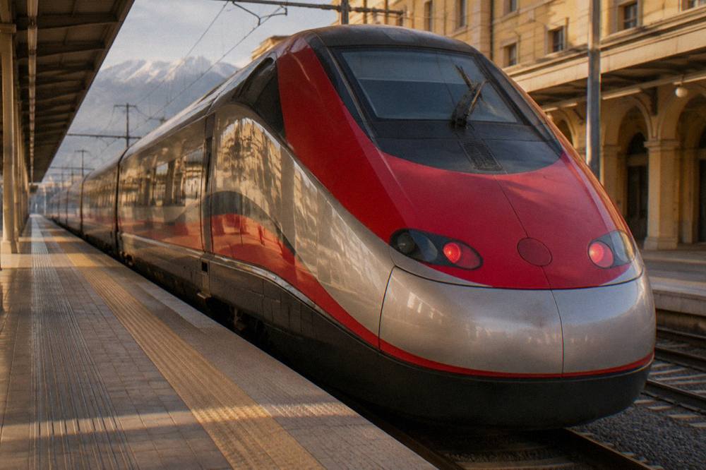 A high speed train waiting at a platform in an Italian railway station