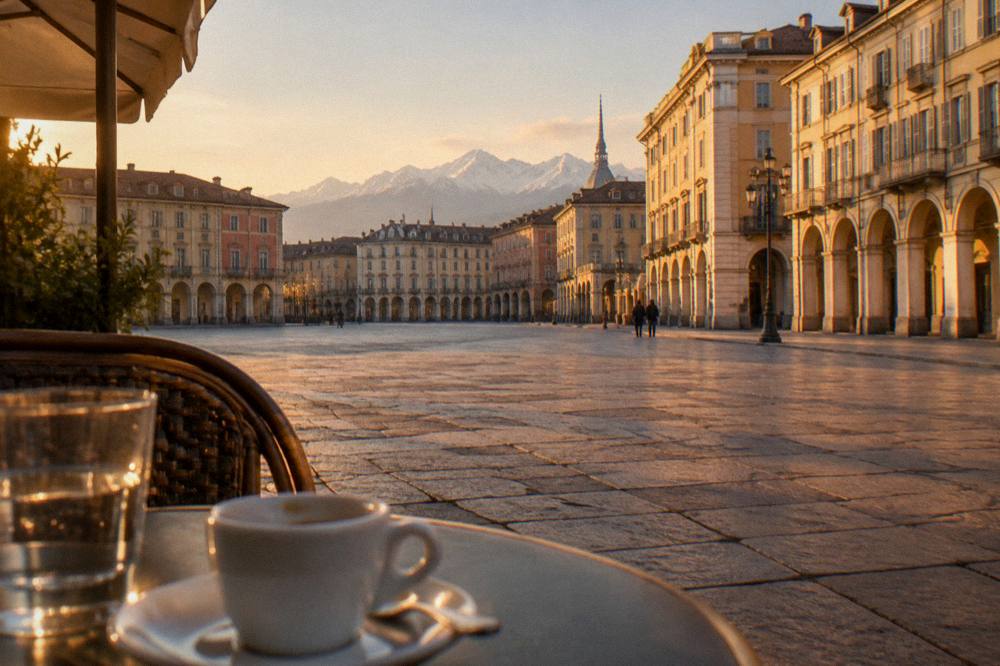 Piazza with historic arcaded buildings in central Turin seen from a corner cafe