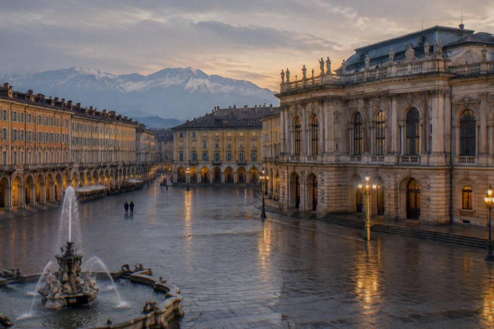 Fountain and opera house facade at a large square in Genoa in evening light
