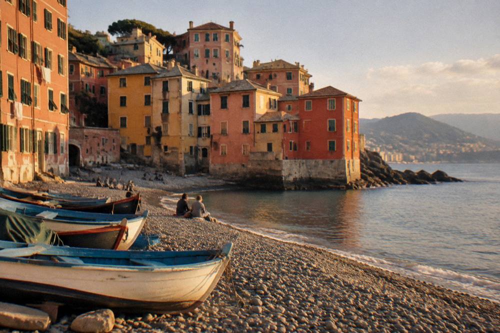 Small pebble beach at Boccadasse in Genoa with coloured fishermen's houses behind it