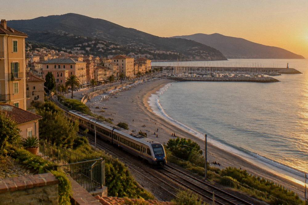 A train running along the coast beside the Mediterranean sea