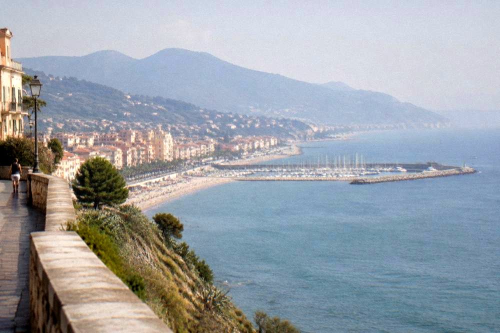 A cliff-top seaside promenade with views along the Ligurian coast