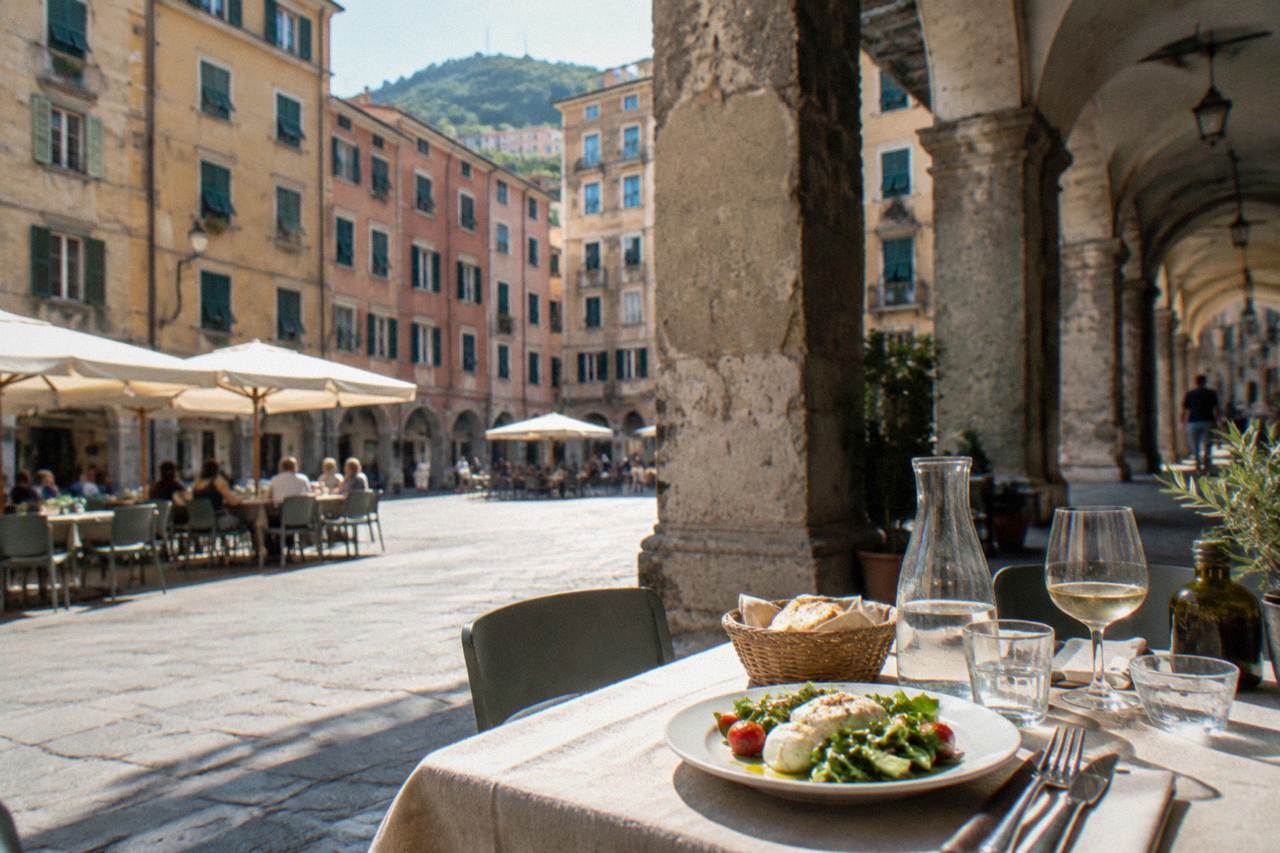 A table set for lunch beside a stone arcade in a narrow Genoese street