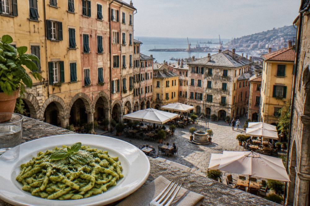 Fresh trofie pasta with green pesto on a plate