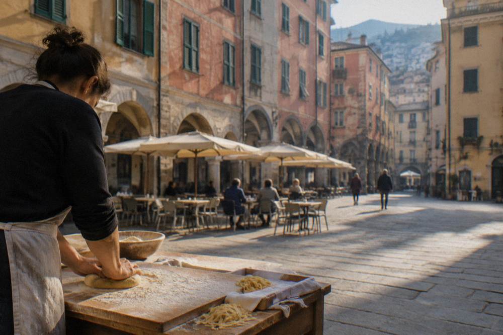 Hands kneading fresh pasta dough on a floured wooden board