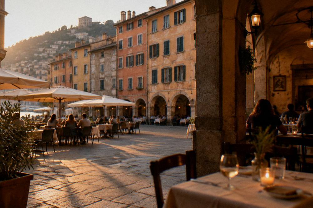 Diners at candlelit tables inside a small Italian trattoria