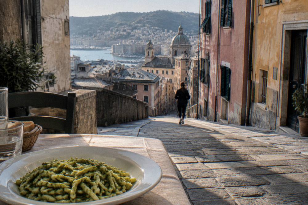 Fresh trofie pasta with green pesto genovese on a plate in a Genoa restaurant
