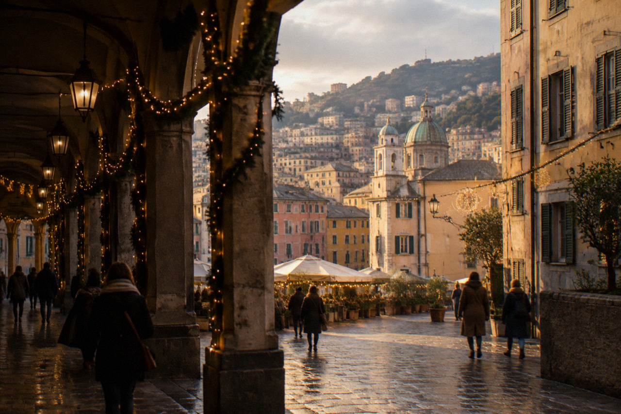 Festive lights and a decorated arcaded street in the historic centre of Genoa