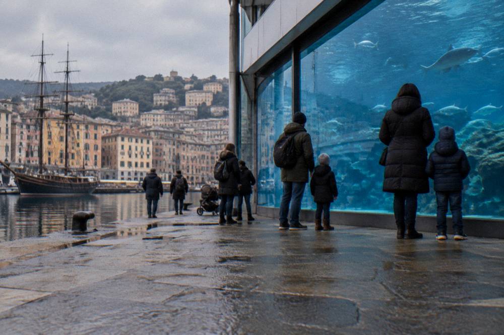 Families looking at a large illuminated aquarium tank