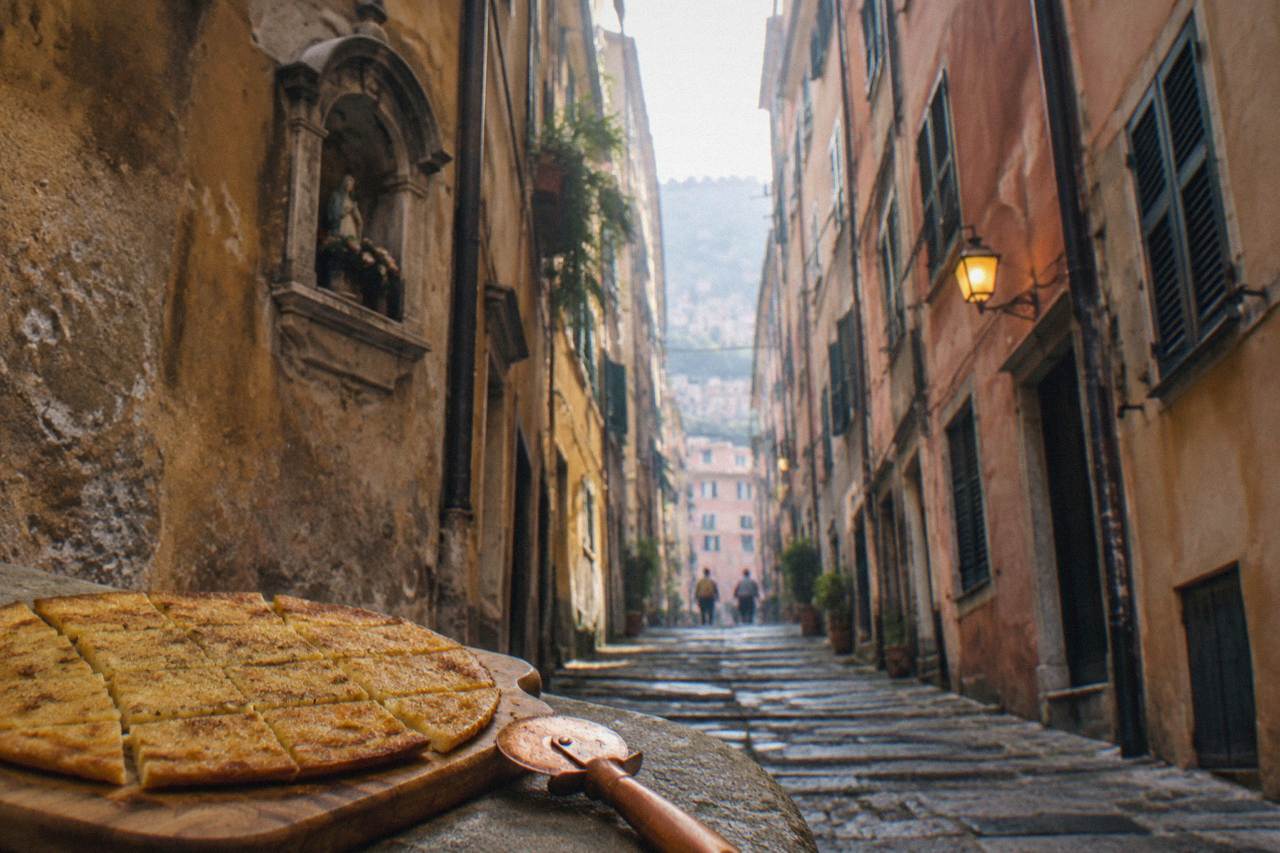 A golden round of farinata cut into squares on a wooden board beside a copper pizza cutter