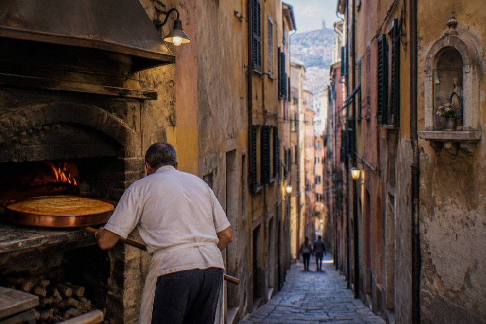 A baker sliding a large round copper pan of farinata into a wood fired oven
