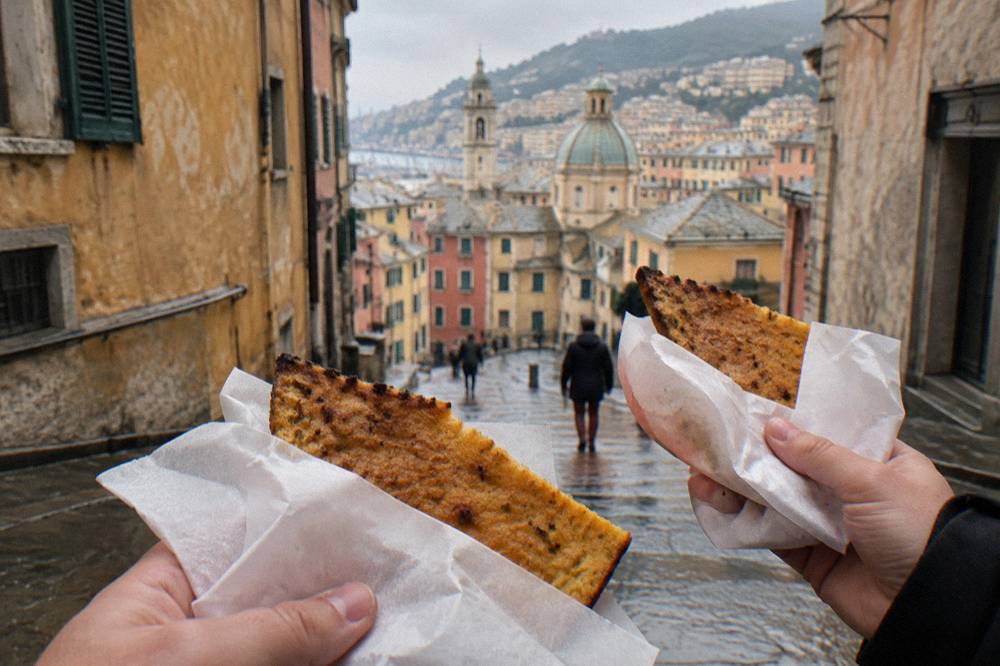Squares of farinata wrapped in paper held in two hands on a narrow Genoa street